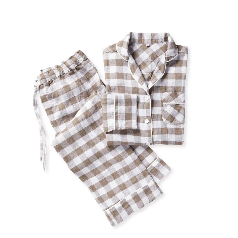 Serena & Lily NWT Hyannis Linen Pajama Set in Mink Brown Check Size Small